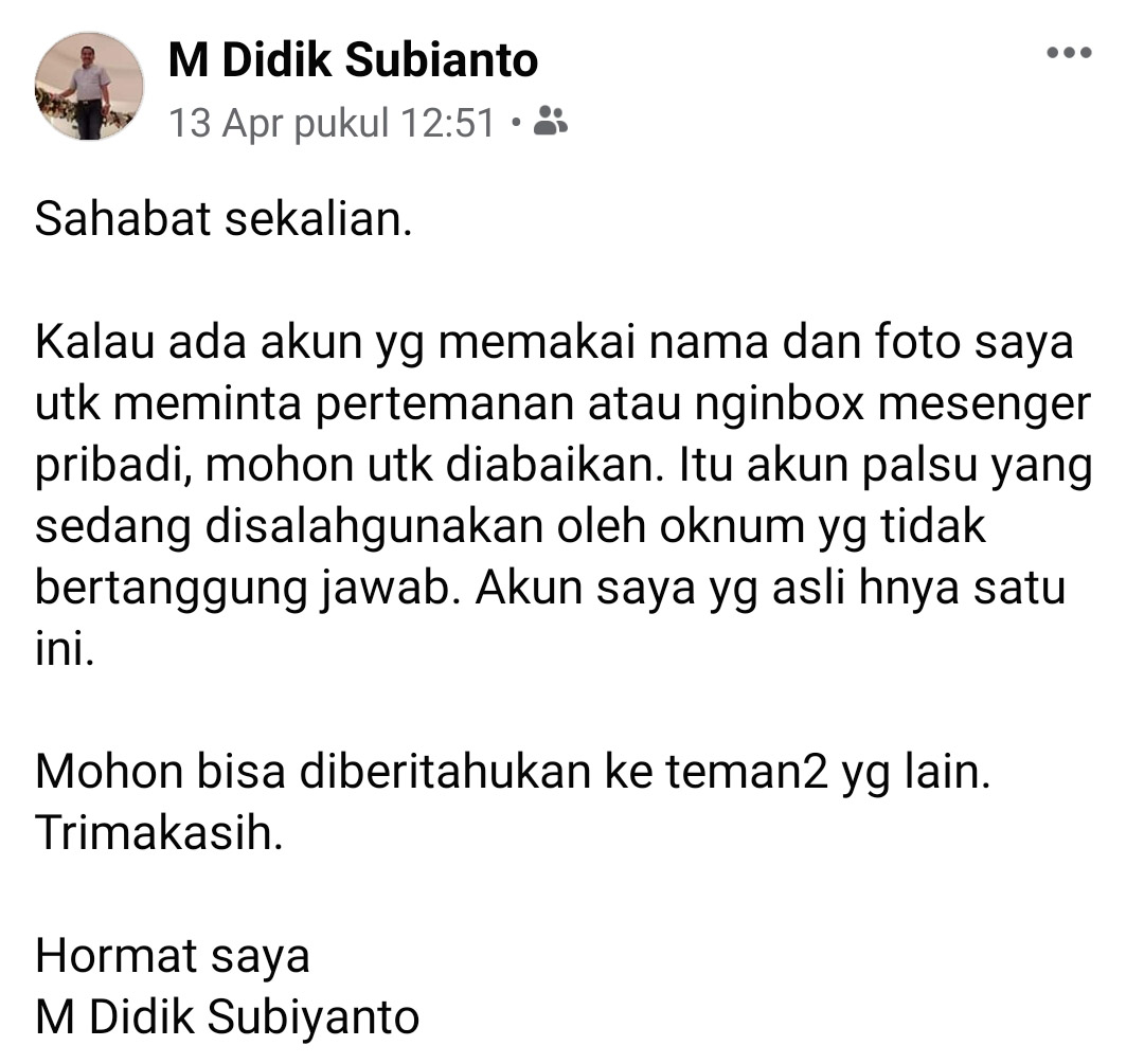 Akun FB Anggota DPRD Kota Batu Dipalsukan