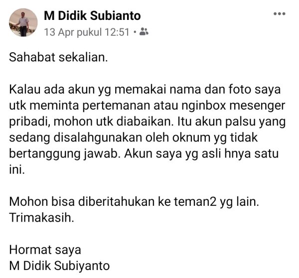 Akun FB Anggota DPRD Kota Batu Dipalsukan