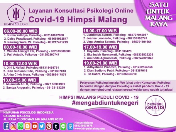 Peduli Covid-19, HIMPSI Malang Berikan Layanan Konsultasi “Gratis”
