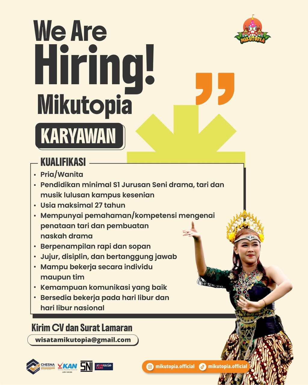 Hadirkan Tujuh Sapta Pesona Wisata di Amfiteater, Mikutopia Buka Rekrutmen Karyawan, Berikut Kualifikasinya